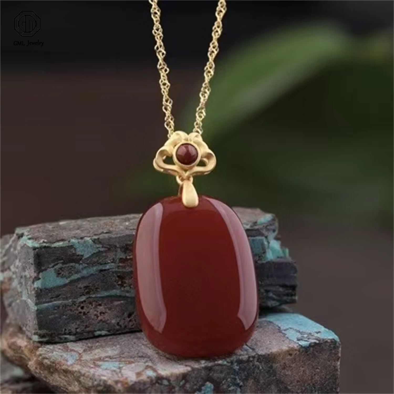 

Sterling Silver Plain Plaque Pendant Natural Red Agate Chalcedony Necklace Women Fashion Jewelry Gift For Mother Banquet Pendant