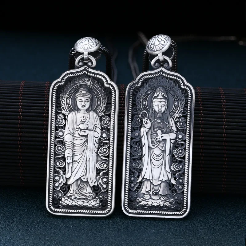 S999 Sterling Silver Buddhism Pendant Black Color Old Process Unisex Six Words Fine Jewelry FYNE383