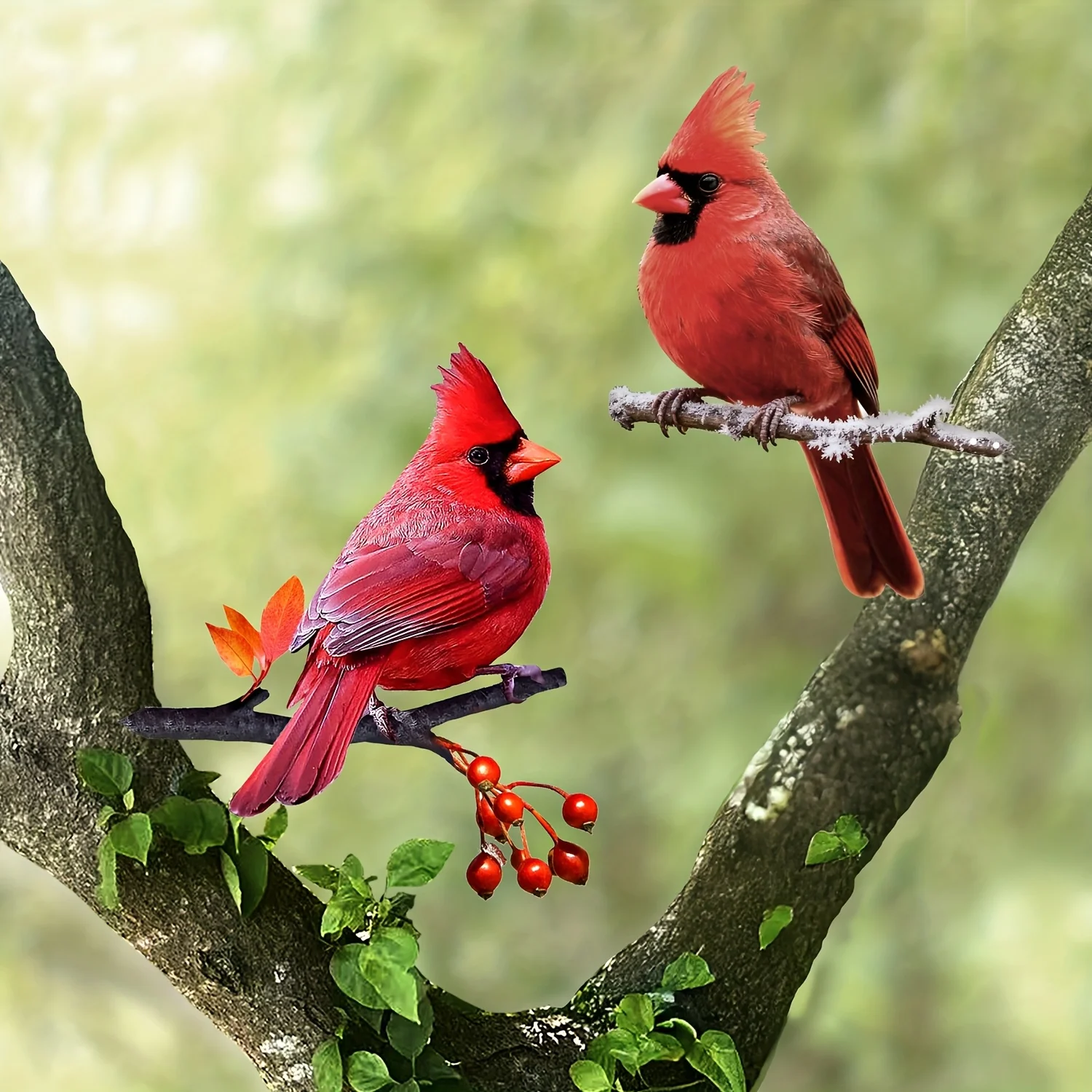 1PC Elegant Red Cardinal Bird Outdoor Statue -Double-Sided Colorful Red Bird Garden Decor, Red Winter Ornament, Self-Standing