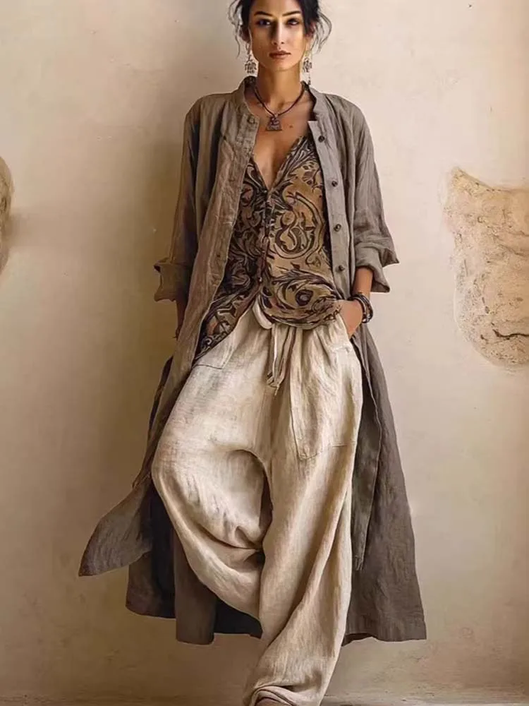 

Винтажный комплект из 3 предметов: топ без рукавов с V-образным вырезом, широкие брюки и кардиган из хлопка и льна для отпуска