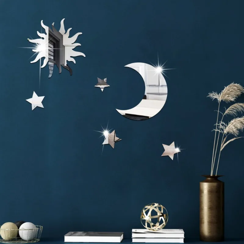 6pcs Star & Moon Combination Mirror Wall Sticker for Bedroom and Living Room - Ramadan Kareem, Holiday, Birthday Party Supplies,