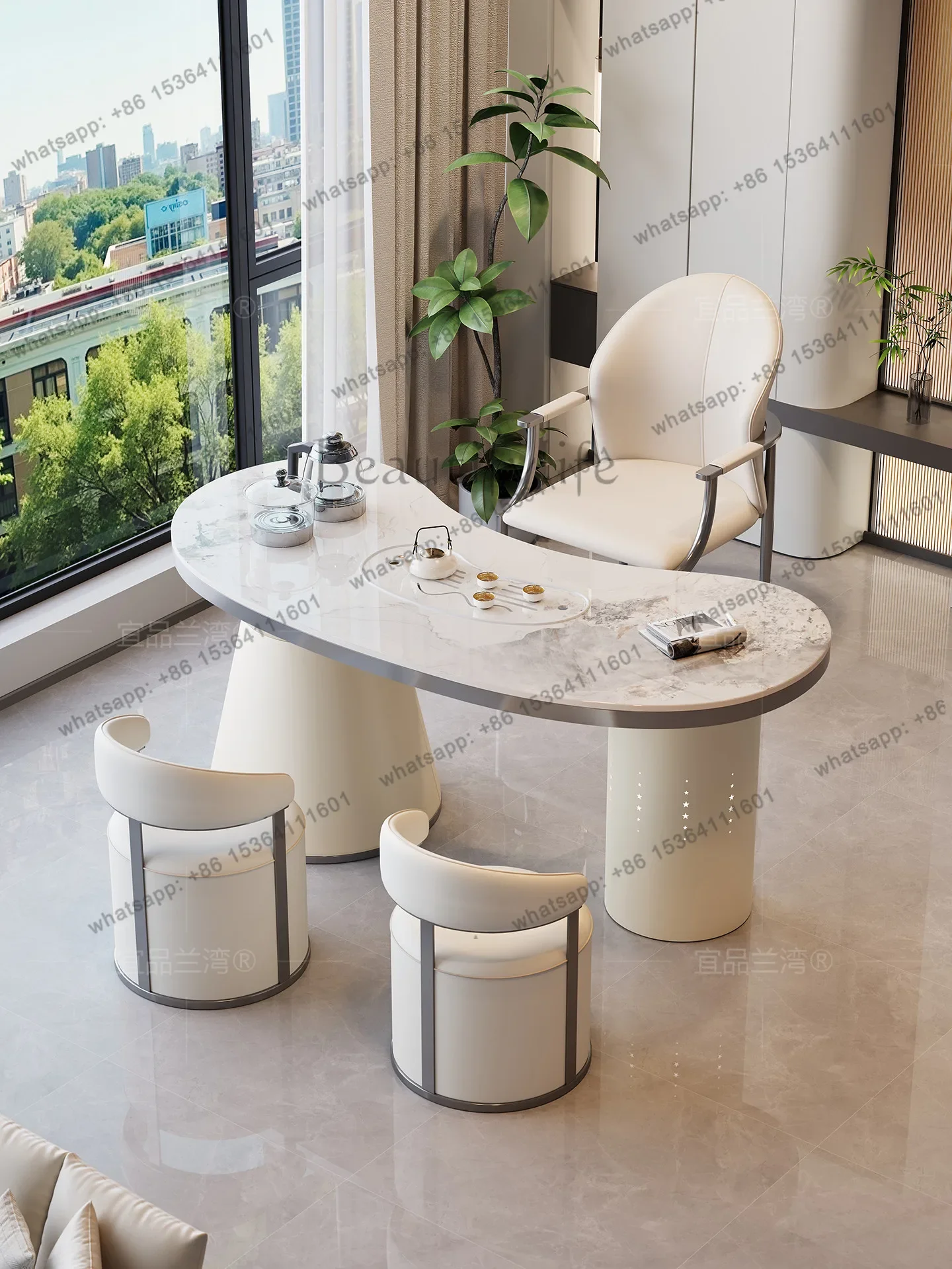 yj58 2025 new high-end white rock slab tea table kettle integrated embedded