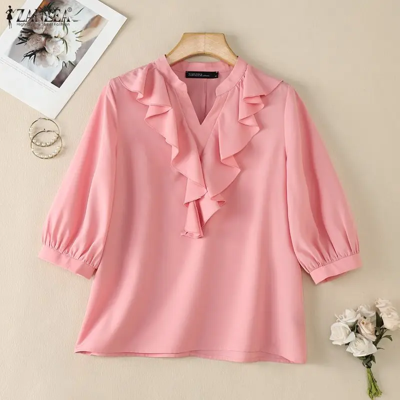 ZANZEA Women Ruffles Blouses Summer 3/4 Sleeve Fashion Tops Solid Color Tee V Neck Blusas OL Work Tunic Female Streetwear