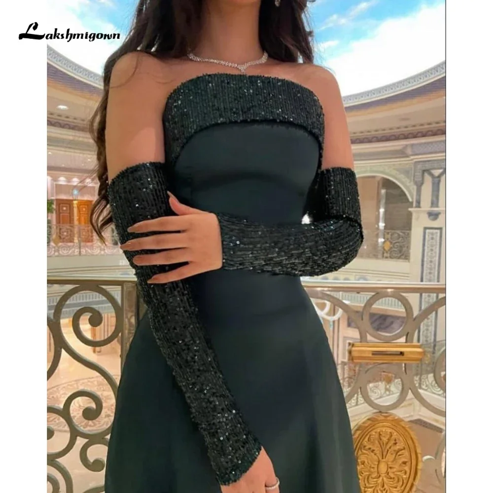 

2025 Sexy Dark Green Satin Evening Dresses Strapless Long Sleeves Dubai Arabic Women Formal Prom Dress vestidos de fiesta