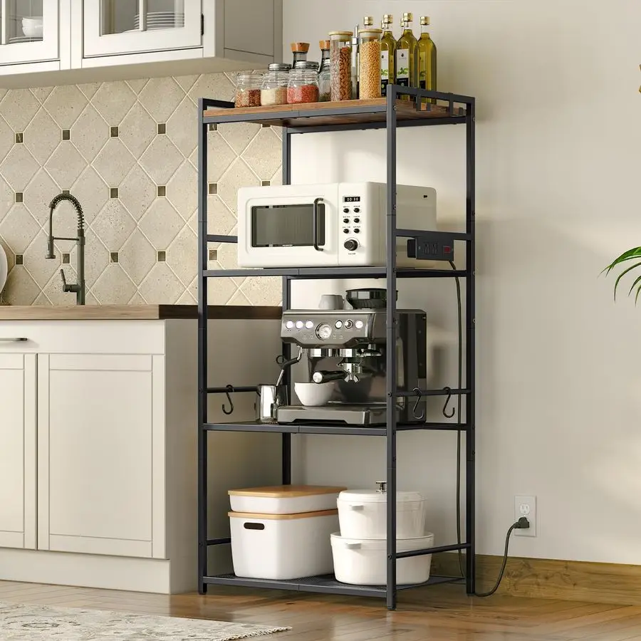 

Rack with Power Outlet, Microwave Stand with Hooks, Multifunctional Storage Rack, Coffee Bar with Enclosure, Kitchen Storage She