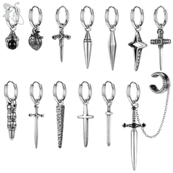 ZS 1/2pcs Sword Hoop Earring for Men woman Stainless Steel Round Earrings Gothic Punk Rock Dangle Earring Cartilage 18G