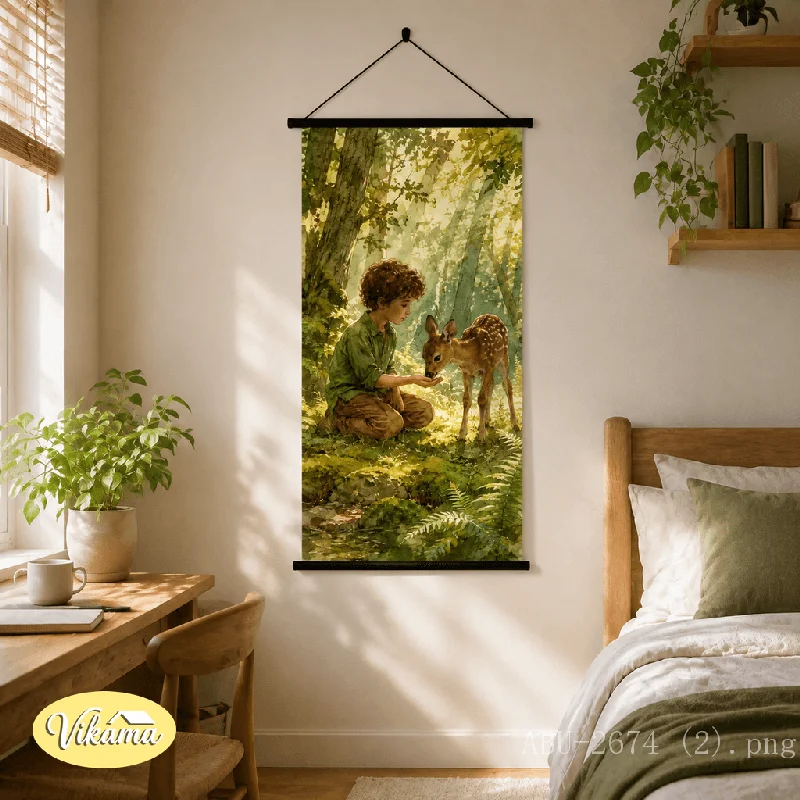 VIKAMA Watercolor Hanging Scroll Boy Studying Golden Retriever Study Room Canvas Poster Wall Hanging Warm Cozy Home Decor