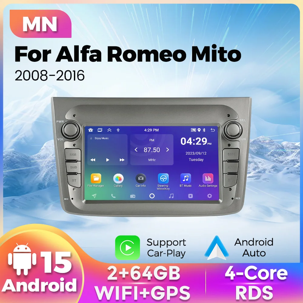 MEKEDE&NAVIFLY Android 15 2+64G For Alfa Romeo MiTo 955 2008-2016 Intelligent car audio system 1 DIN Car Radio Multimedia Player