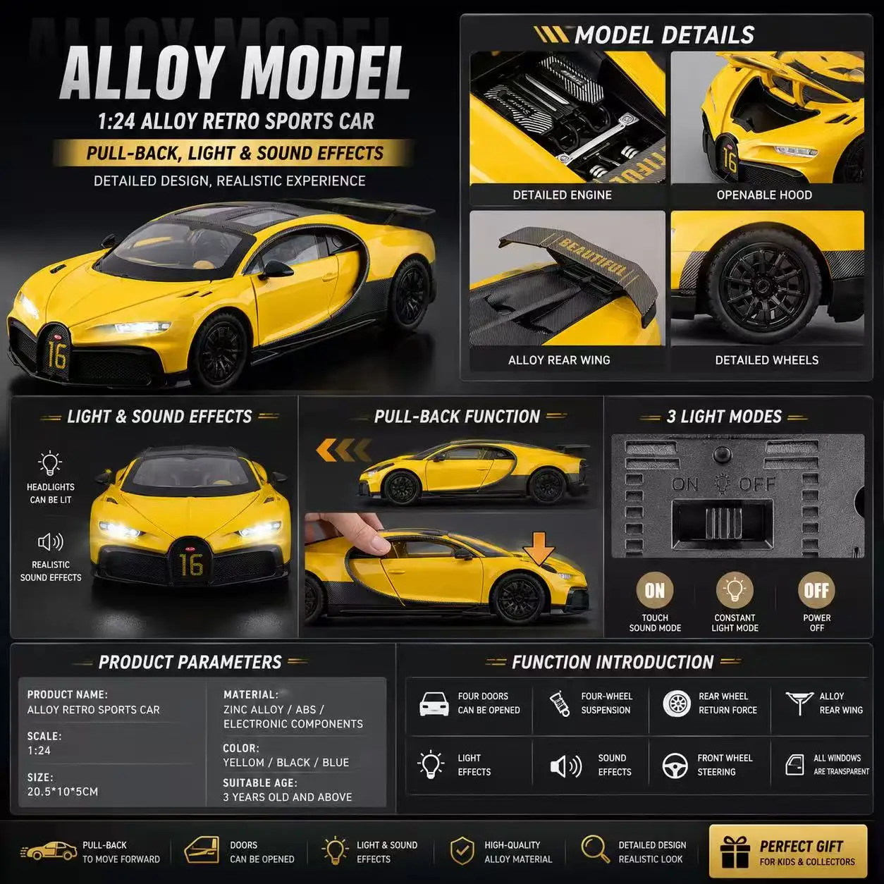 High Gloss Paint 1:24 Chiron Alloy Supercar Model Pull Back Light Sound Fine Texture Desktop Decoration Toy For Children Collect