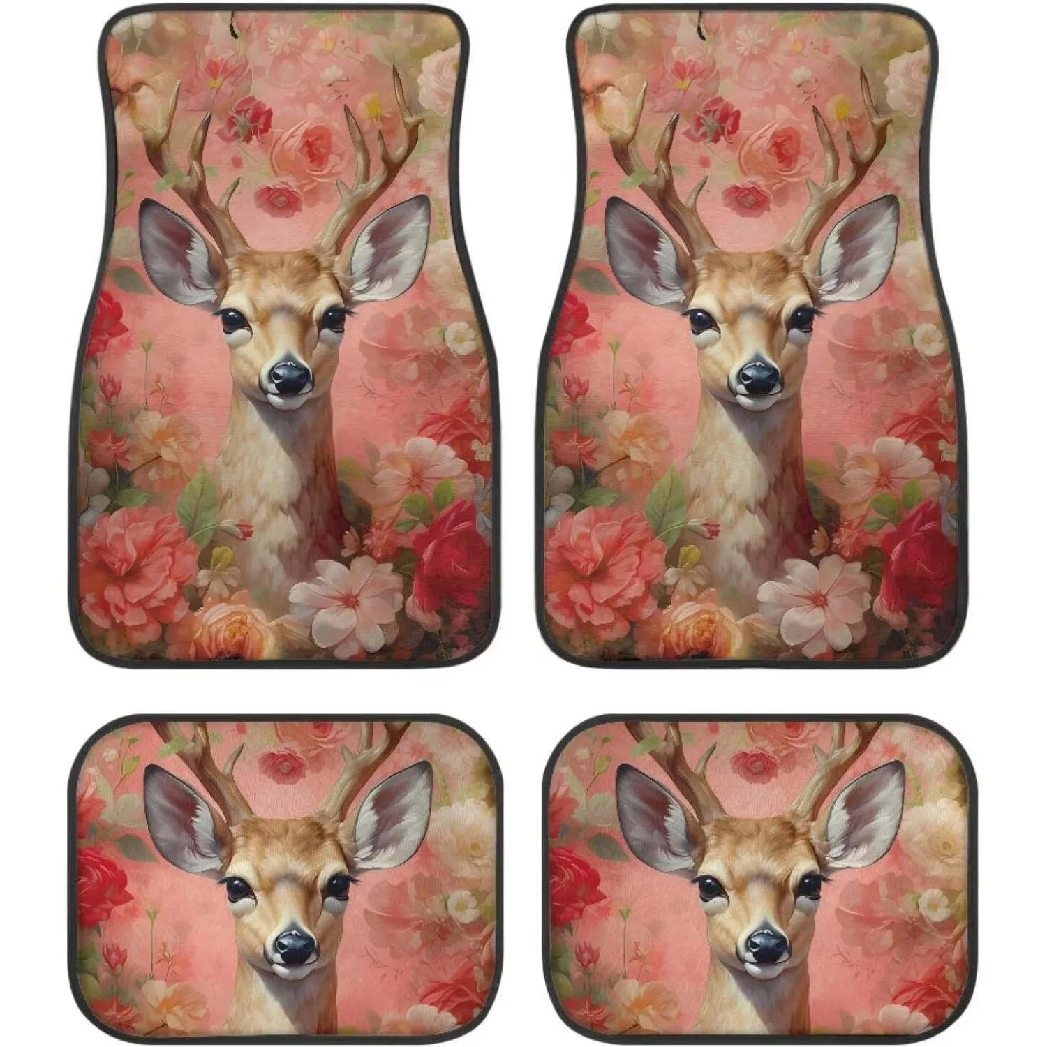 4pcs Deer & Pink Rose Floral Car Floor Mats With Non-Slip Rubber Backing, Heavy-Duty All-Weather Protection - Pink/Beige Deer &