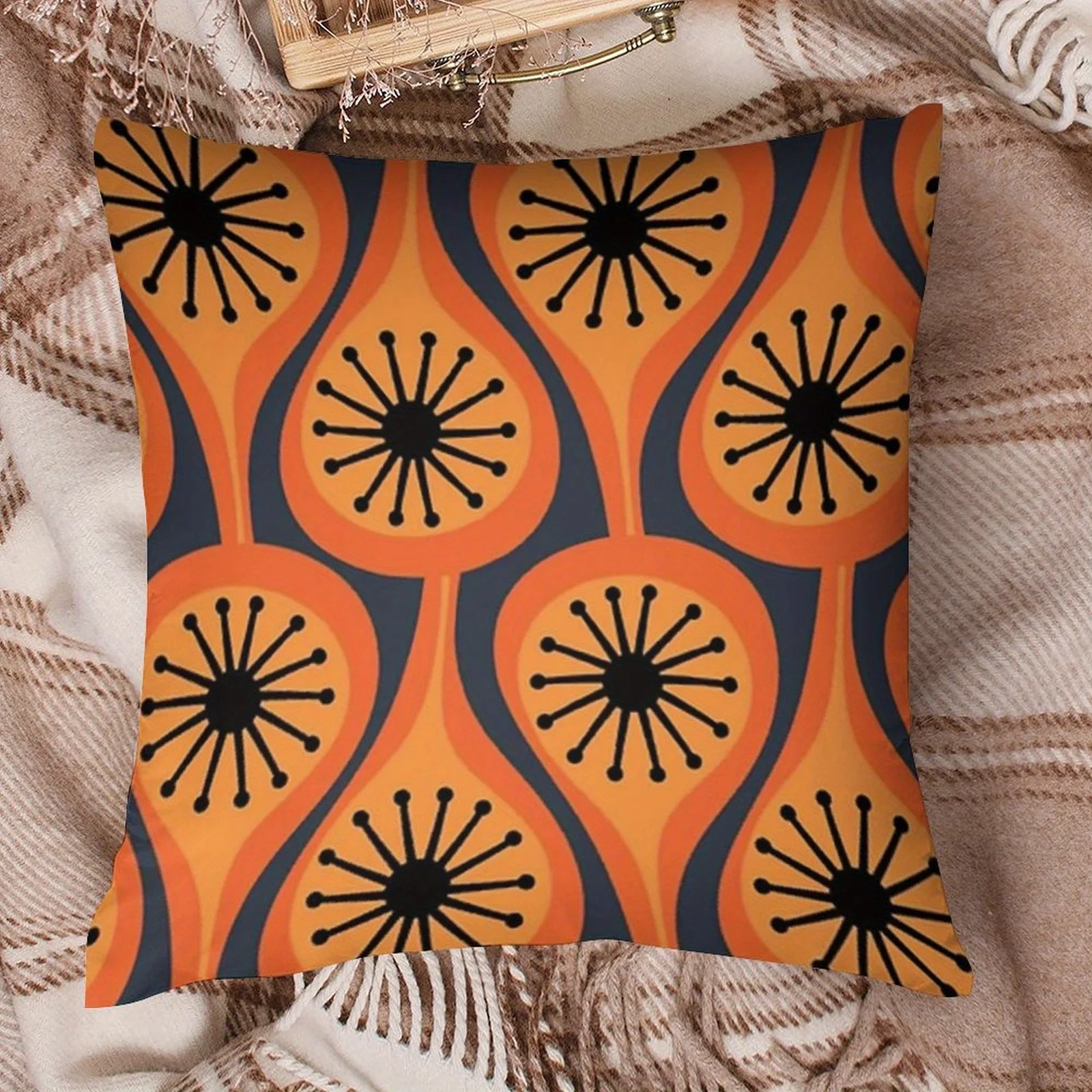 Retro Orange Geometric Pillowcase, Mid-Century Modern Cushion Cover, Abstract Flower Pattern Home Decor, Vintage Living Room