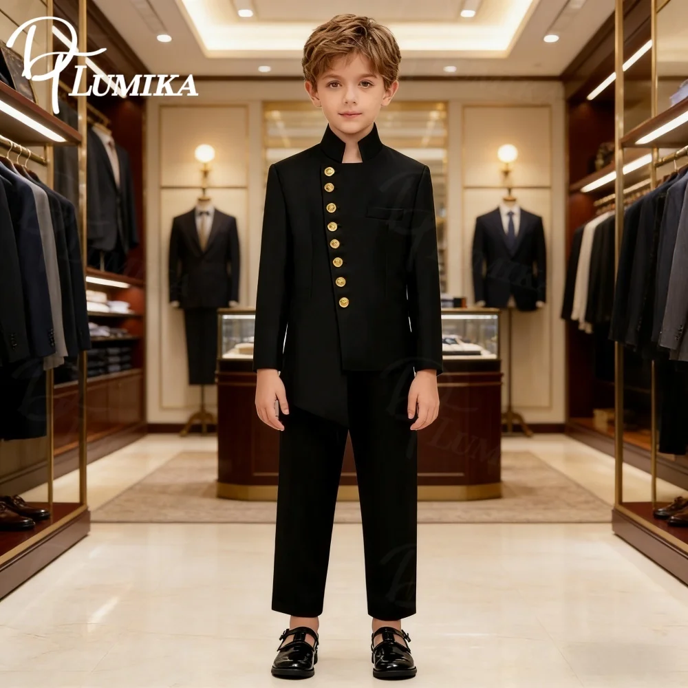 Black 2PCS Boys Formal Suit Set Brand Selection For Kids Aged 3-14 Yrs Elegant Stand Collar Design With Gold Buttons Perfect