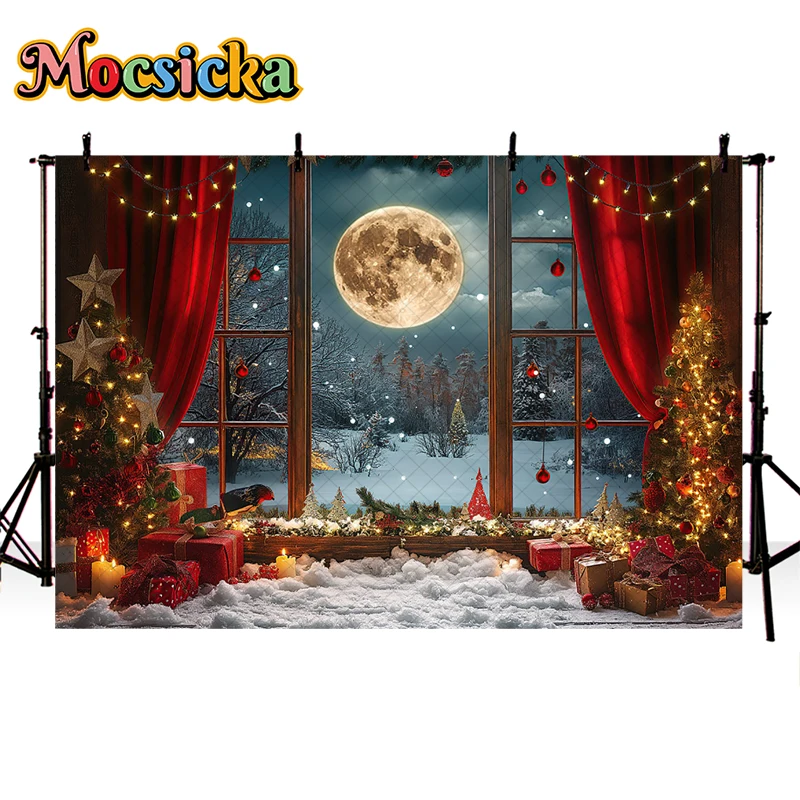 Mocsicka Photography Background Winter Christmas Window Gifts Xmas Tree Kids Family Holiday Portrait Decor Backdrop Photo Studio