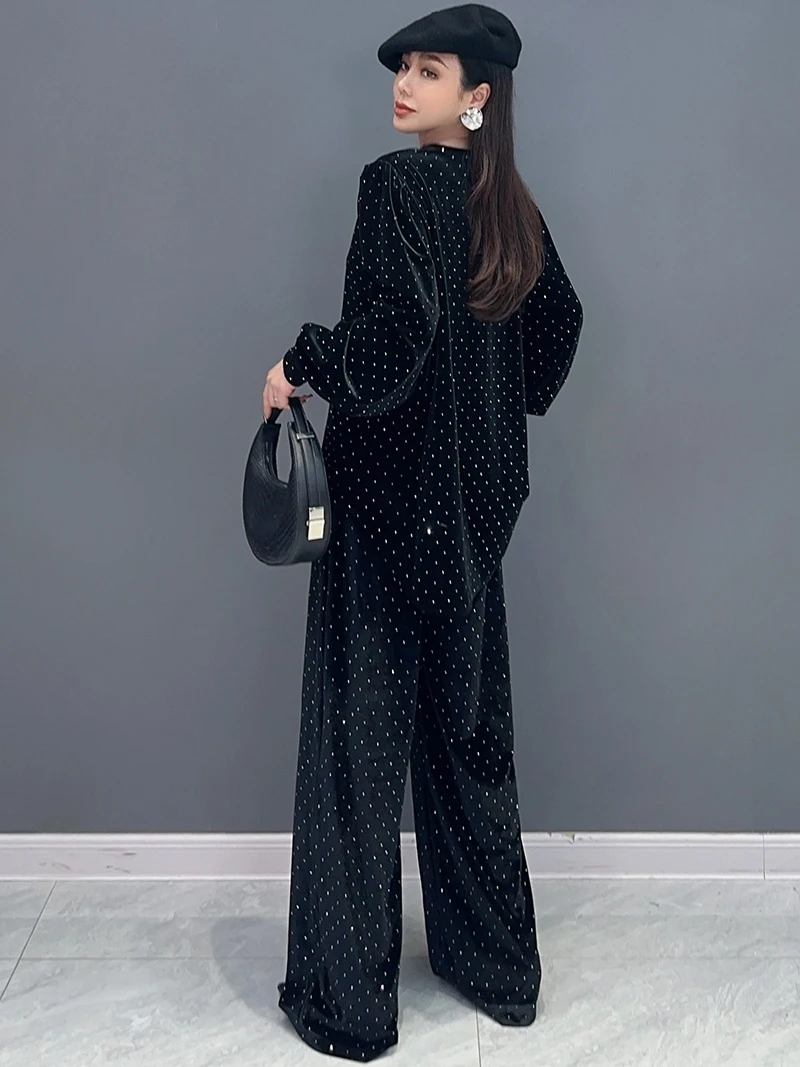 Vefadisa 2024 Autumn New Black Polka Dot Printed Women Matching Set O-Neck Lantern Sleeve Top Wide Leg Pant Two-piece ZXY613A