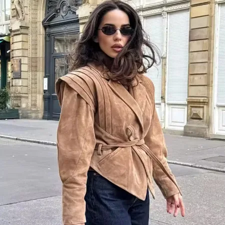 Women 2026 Autumn Winter New Hot Selling Street Fashion Belted Waist Shoulder Pad Suede Cropped Jacket Outerwear Trendy Chic Hit
