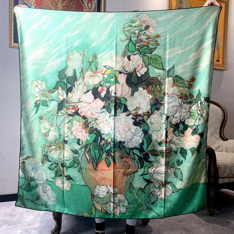 High-end Elegant Women's Fashion White Tea Flower Double-sided Print Quality Silk Wool Hand-rolled Edge Large Square Scarf Shawl