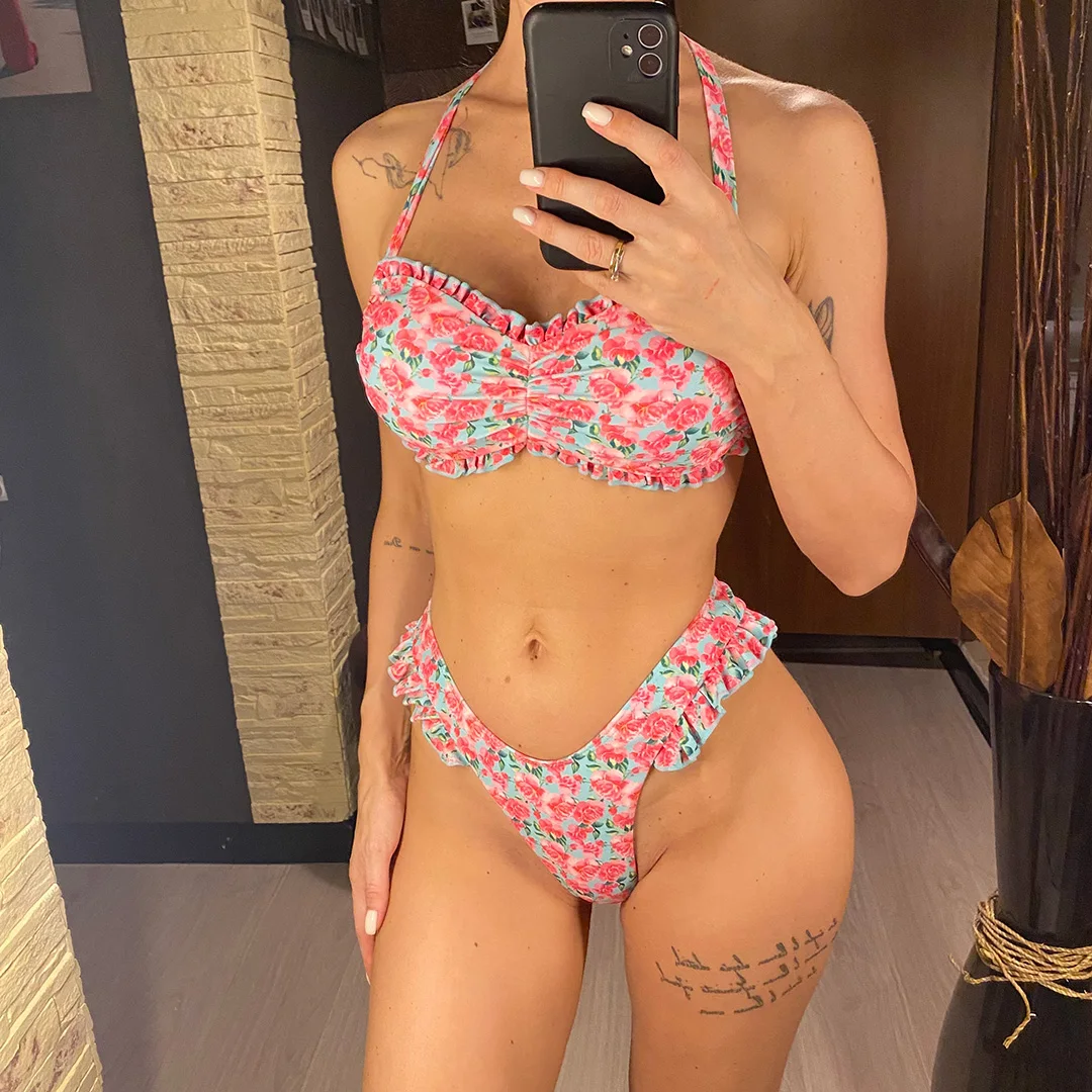 Sexy Blumenmuster, Rüschen-Bikini, Damen-Badeanzug, zweiteiliges Bikini-Set, Badebekleidung, Badeanzug, Modell V6044. – Detail 3