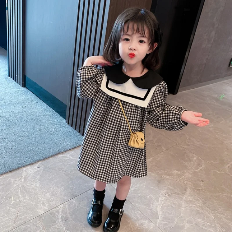 

Girls' Dress Autumn Outfit Children's Navy Collar Long Sleeve Plaid Princess Dress Baby Girl Stylish Dress Spring Autumn