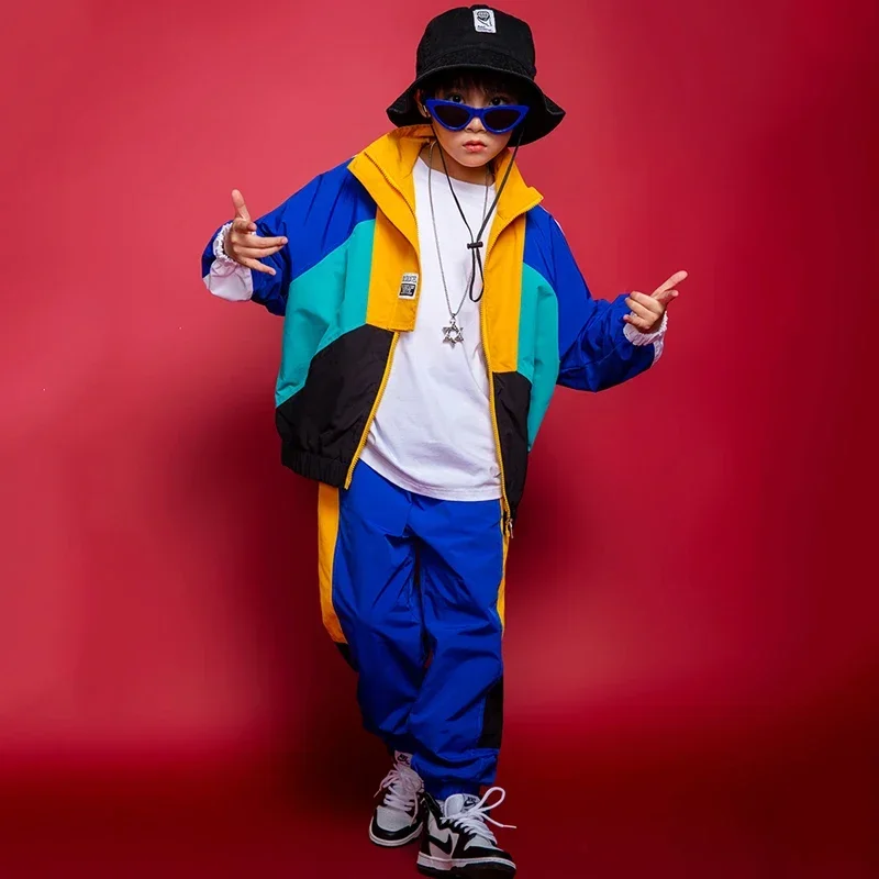 지퍼 재킷 루즈 팬츠 캐주얼 힙합 세트, 소녀 스트리트웨어, 소년 재즈 공연 의상, 어린이 힙합 의류