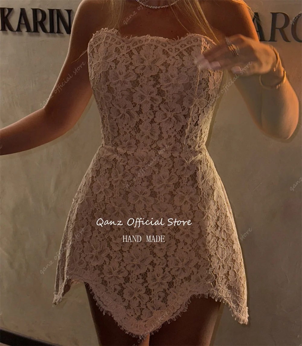 Qanz Mini robes De bal rose dentelle complète Apliques sans bretelles au-dessus du genou robes De Gala Corset dos robe De soirée Cocktail personnalisée
