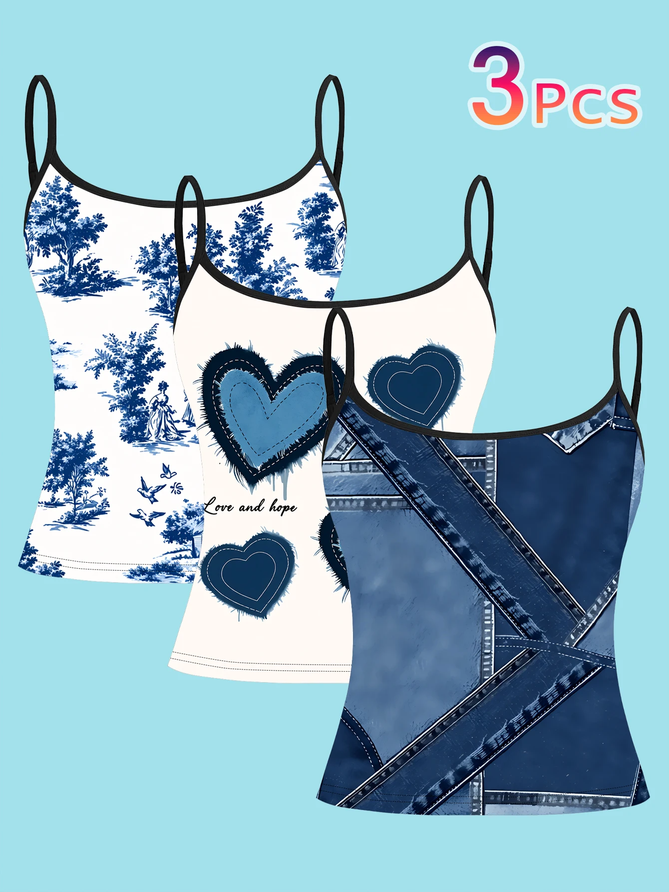 3-Piece Set European-Style Pastoral Scenery Heart-Shaped English Print Camisole for Women, Summer Slim-Fit Spaghetti Strap Casual Inner Wear