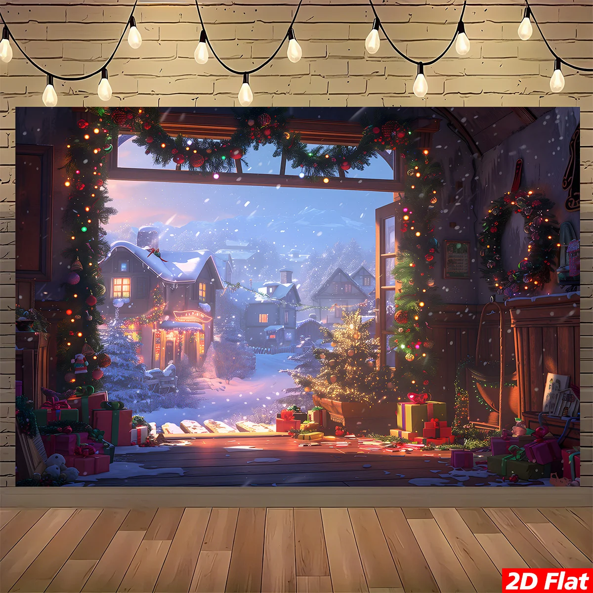 2D Flat, 1pc Large Winter  Wall Tapestry - Snowy Christmas Village Scene with Cozy Log Cabin, Pine Trees & Twinkling