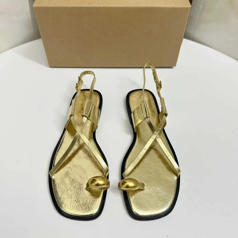 Gold Flat Sandals for Woman 2026 New Thin Straps Flat Shoes Sexy Open Toe Buckle Sandals Ladies Holiday Sandal Casual Slippers