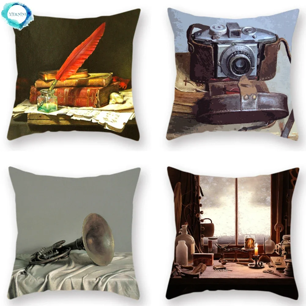 Vintage Oil Painting Speaker Camera Kerosene Lamp Print Polyester Cushion Cover Sofa Square Pillowcase Home Decoration 45X45CM