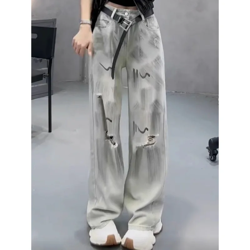 High Street Graffiti Straight Hole Jeans Female Tide Thin High Waist Loose Wide-leg Pants in Summer