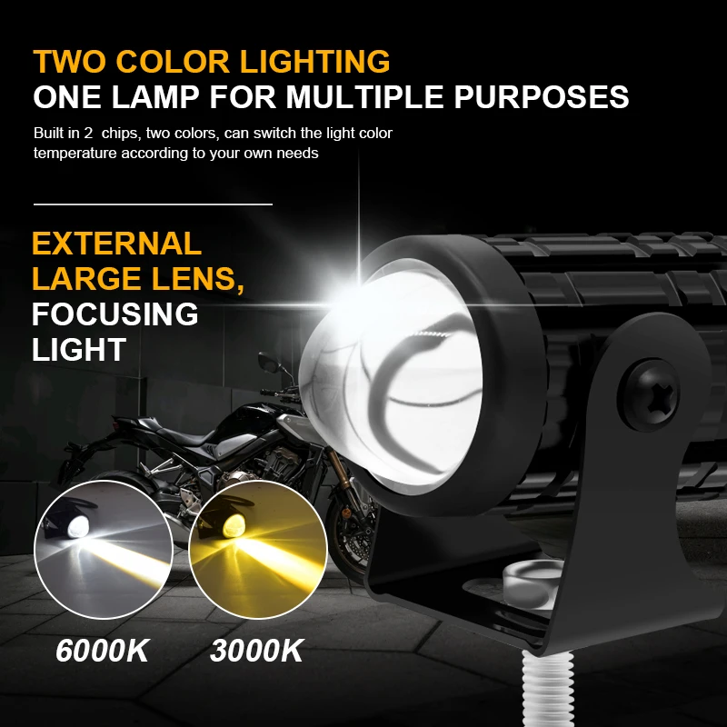 EURS Motorcycle Mini LED Headlight Spotlights Auxiliary Lamp Lens White Yellow Light For Motorbike Bicycles Car ATV SUV Offroad