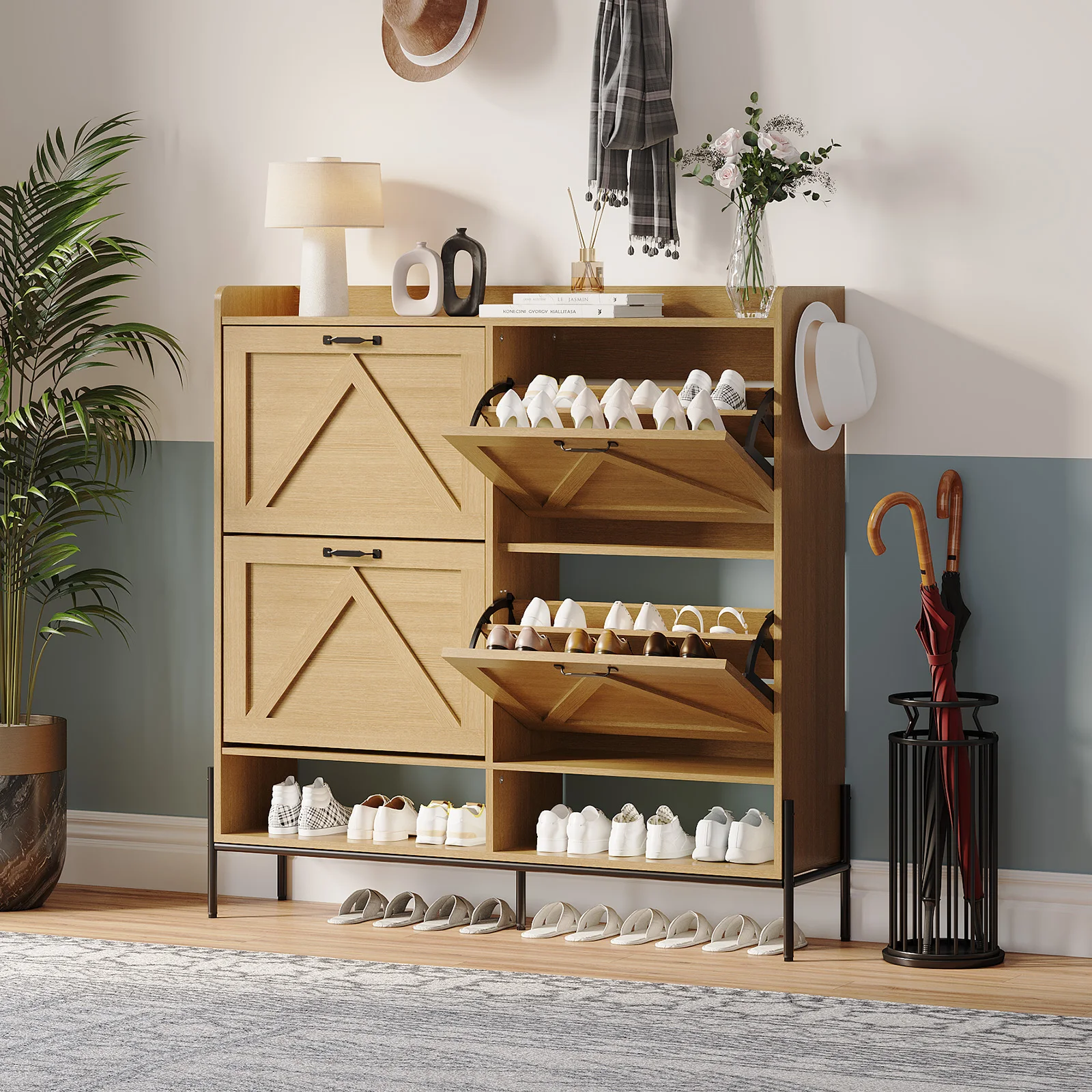 Shoe Cabinet with 4 Flip-Up Drawers, Hidden Shoe Storage Cabinet with Open Storage for Entryway, Hallway, Bedroom