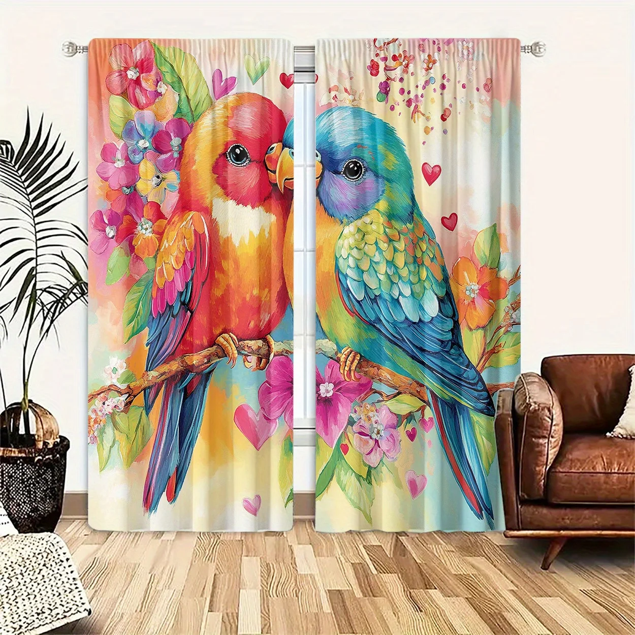 2pcs, Polyester Material, HD Digital Valentine's Day Parrot Pattern Print, Light Filtering Curtain, Suitable for Bedroom, Living