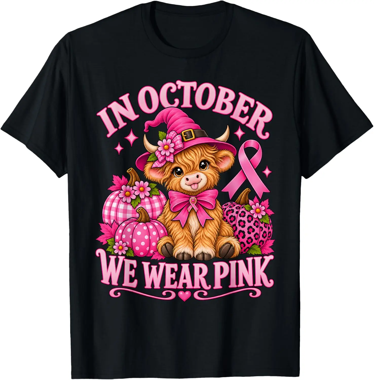 In October We Wear Pink Highland Cow Breast Cancer Awareness T-Shirt Cute Halloween Pumpkin Short-Sleeve Tee: Fun, Breathable, Pure Cotton, Stylish—Perfect for Sports, Lounging, or Casual Wear.