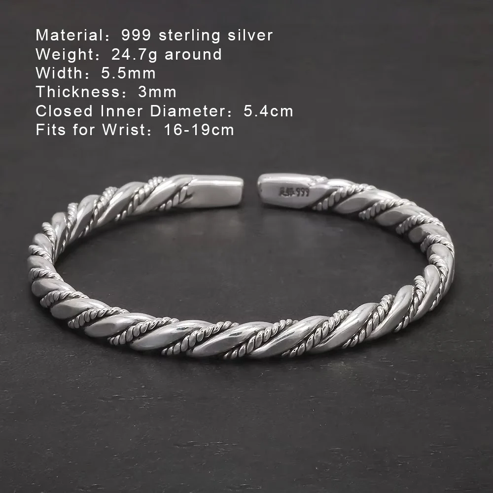999 Pure Silver Twisted Cuff Bracelet for Men Women Fashion Vintage Infinity Open Cuff Bangle Retro Party Jewelry Gifts
