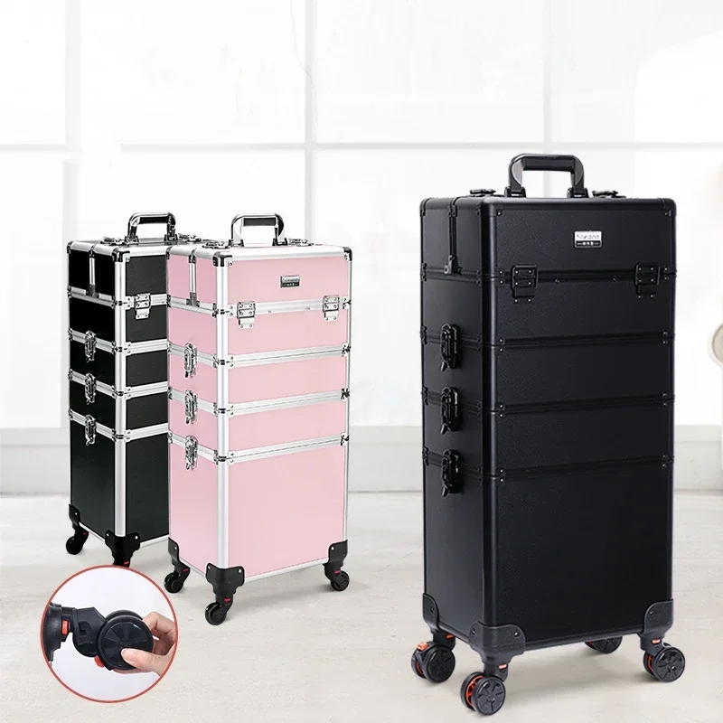 Wholesale Trolley Makeup Organizer Aluminum Rolling Case 4 in 1 Cosmetic Case Hairdresser Cosmetic Makeup box