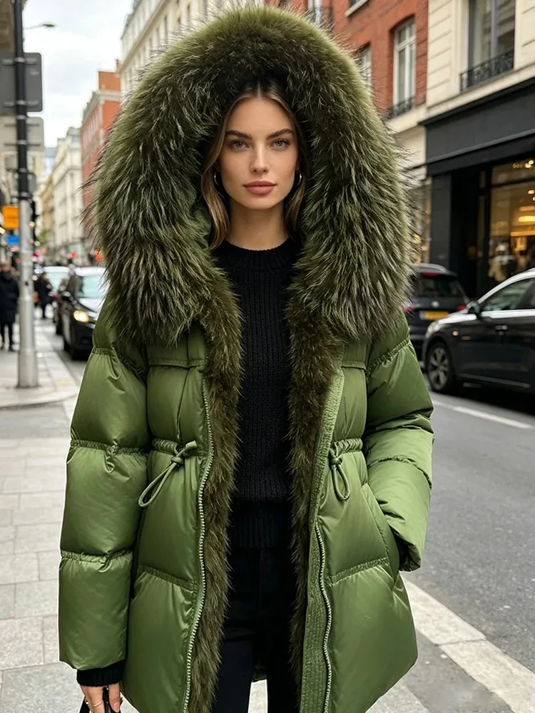 Down Jacket Woman Natural Real Fur Jacket Thick Loose Hooded Goose Down Coat Warm Female New Autumn Winter Puffer Jacket Lady