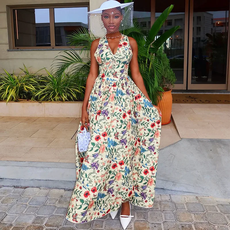 

New temperament V-neck printed high-waisted long sleeveless pendulum dress fashionable simple and versatile elegant holiday styl