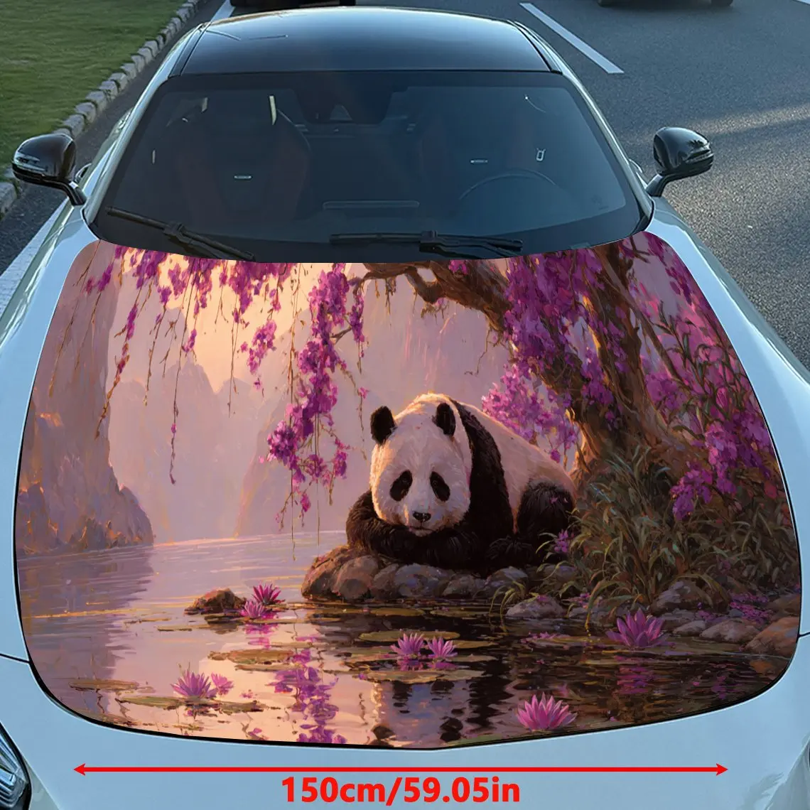 Charming Panda in Scenic Landscape Car Engine Hood Sticker, Auto Vinyl Wraps, Waterproof Self-adhesive Vehicle Decal, Durable &