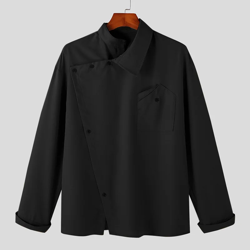 2026 Elegant Lapel Irregular Design Shirts for Men Long Sleeve Button-up Solid Shirt Tops Spring Autumn Casual Men Loose Shirts