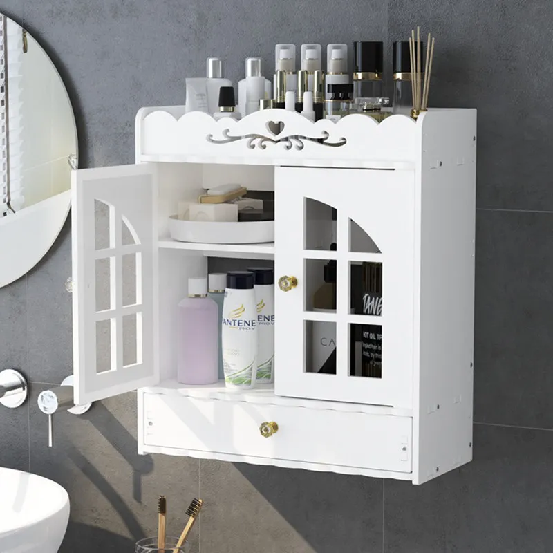 No Drill Bathroom Wall Cabinet Organizer Single Tier Plastic Toiletry Storage Shelf Dustproof Moisture Resistant Door Shower