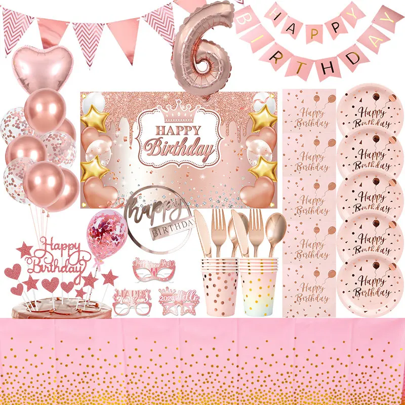 Rose Gold Birthday Party Decoration Tableware Cup Plate Balloon Backdrop Banner Baby Shower Kids Girls boy Party Event Supplies