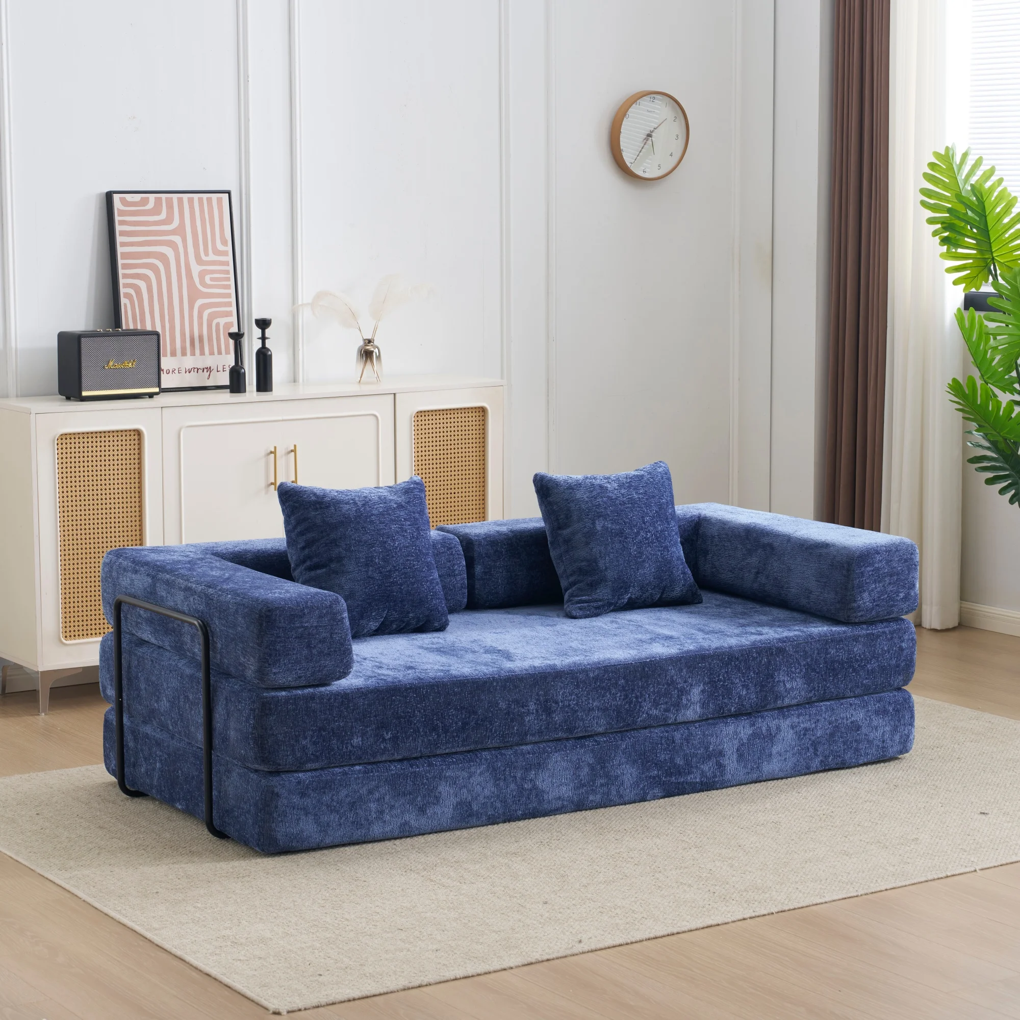 Canapé-lit pliable 2-en-1 en chenille bleu foncé, canapé de sol modulable DIY, canapé-lit sans assemblage, adapté aux animaux de compagnie, canapé compressé pour appartement, salon, dortoir, chambre à coucher