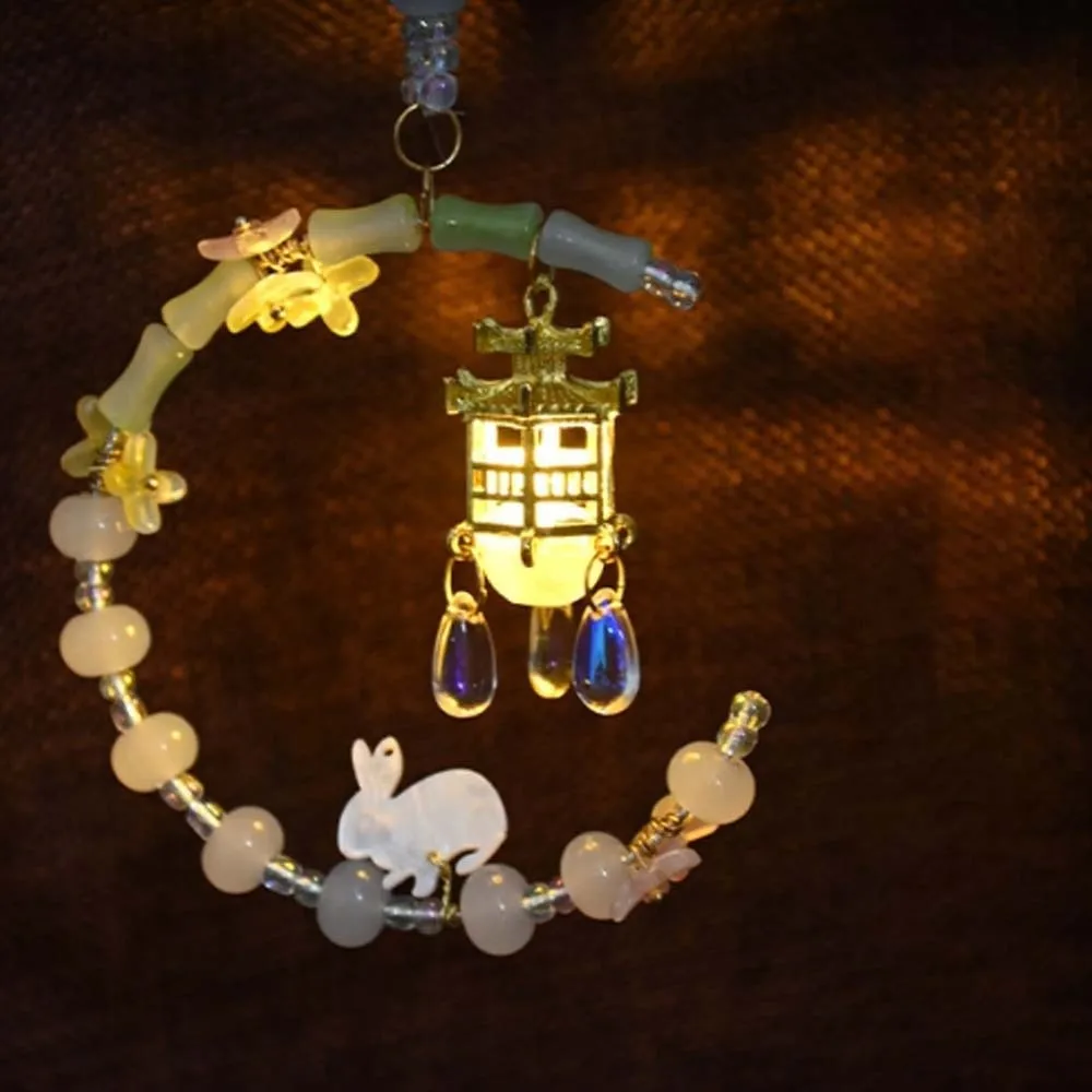 Crystal Bead Chain Chinese Beaded Car Charm Glowing Night Light Chinese Art Style Bunny Flower Lantern Complete DIY Pack