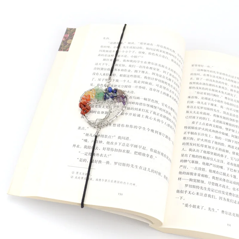 Heart Shaped Wrapped Wire Tree Of Life Elastic Bookmark Silver Colorful Rock Crystal Gravel Braid Chakra Bookmark Gift