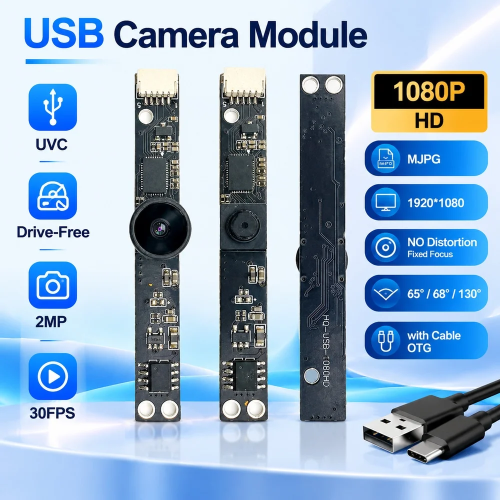 USB Camera Module UVC Drive-Free 2MP 30FPS 1080P MJPG 1920*1080 HD NO Distortion Fixed Focus 65 68 130 Degrees with Cable OTG