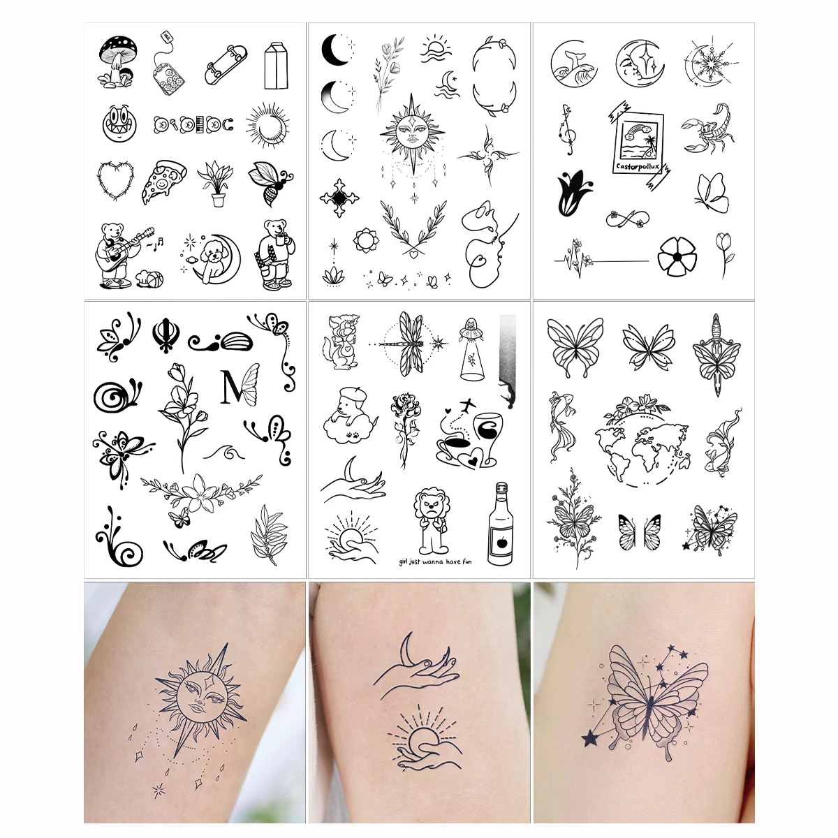 6pcs Small Black Cartoon Temporary Tattoo Cute Star Moon Tattoo Sticker Love Women Body Finger Art Waterproof Disposable Tattoo