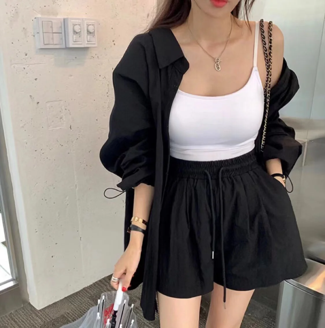 Spring Summer Two 2 piece Set Korean Back Slit Long Sleeve Shirt Top High Waist Wide Leg Shorts Pant For Women Suit