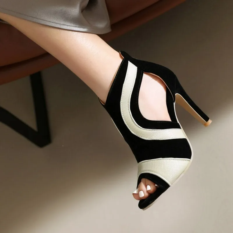 Women Black Grey Colorblock Peep Toe Cutout High Heel Ankle Boots Sandals
