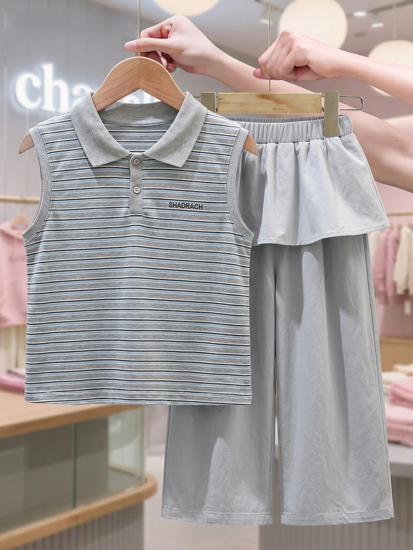 lachapelle-children's-summer-outfit-girls-two-piece-set-casual-style-korean-trendy-breathable-moisture-wicking-striped-pattern