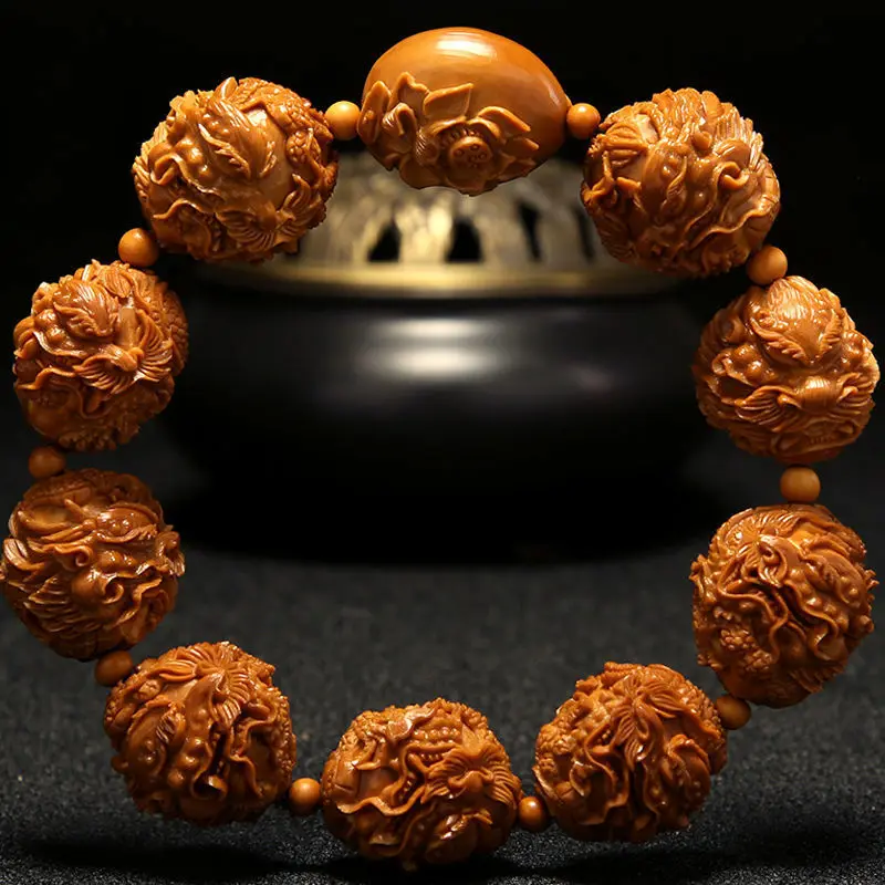 Olive Nut Men's Short round Red Jasper Old Iron Core Nine Playing with a Pearl Hand Carved Bracelet